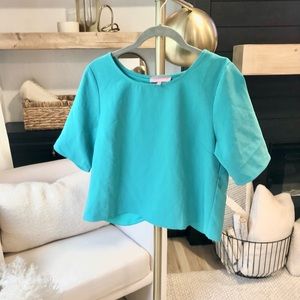 Anthropologie teal open back scalloped shirt